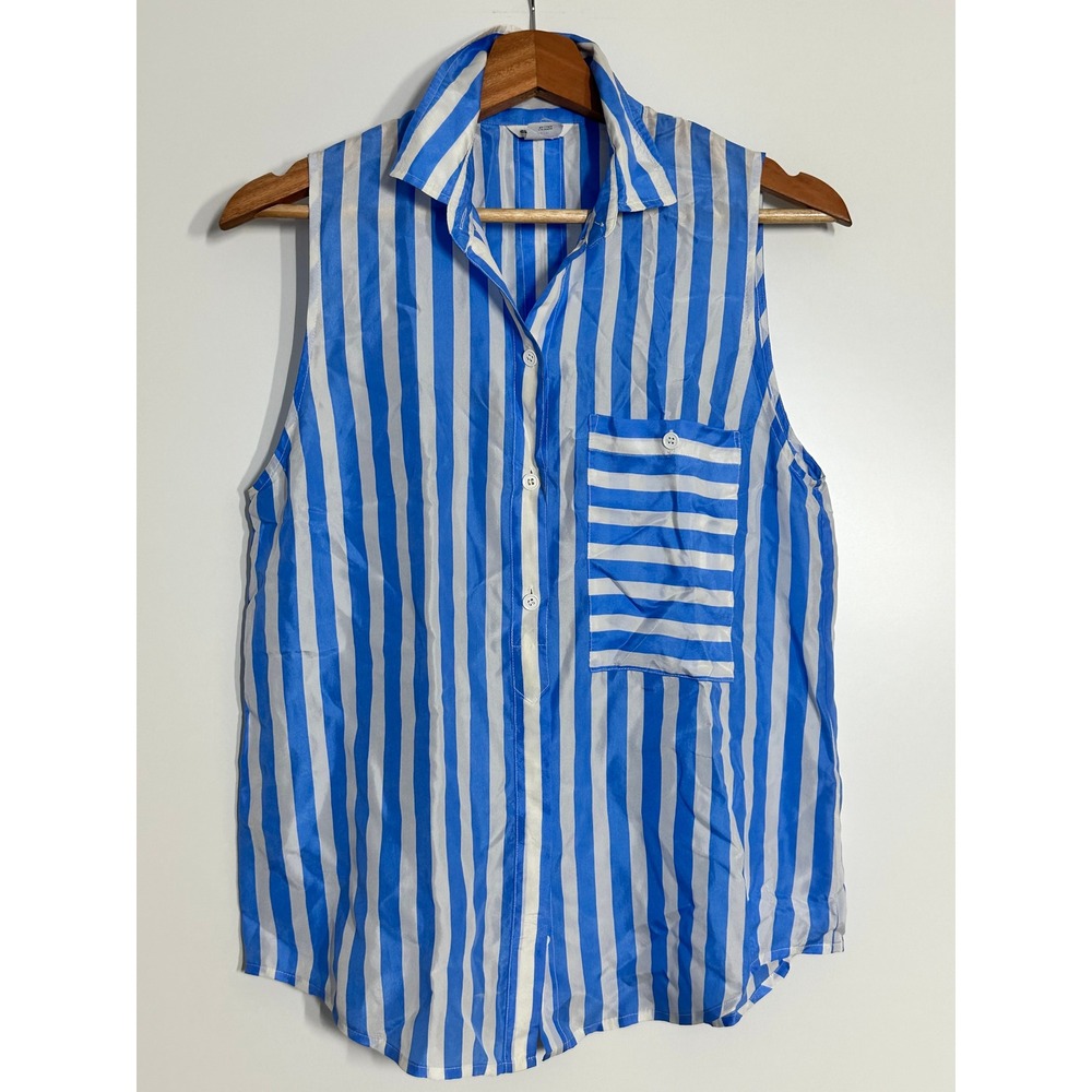 Club Monaco Womens Blue White Striped Silk Sleeveless Button Down Shirt Small